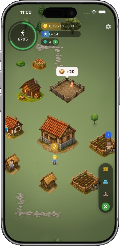 StepTown gameplay: a village with a step counter showing 6,795 steps