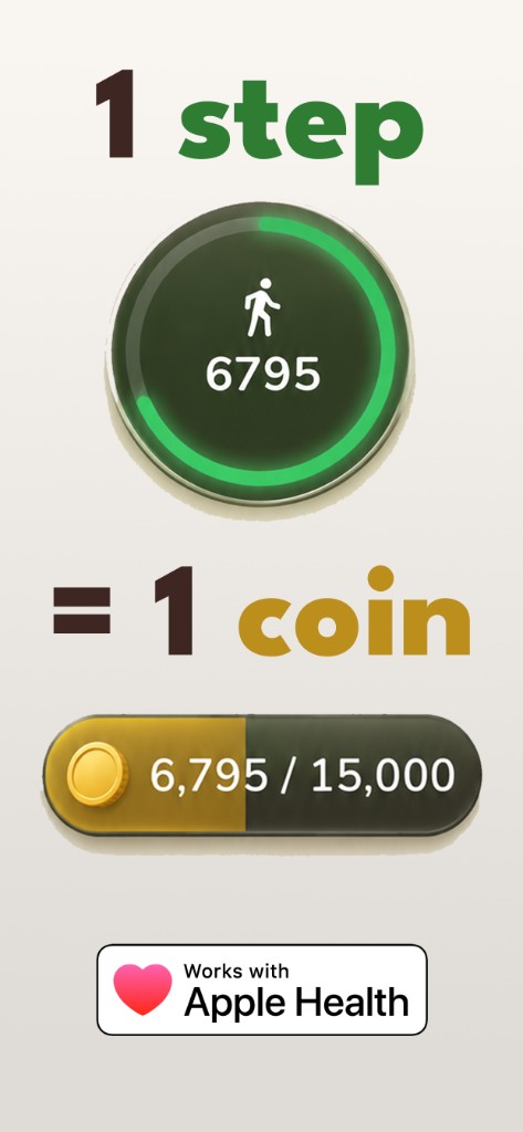 Step counter ring showing 6,795 steps converting into 6,795 coins. Works with Apple Health