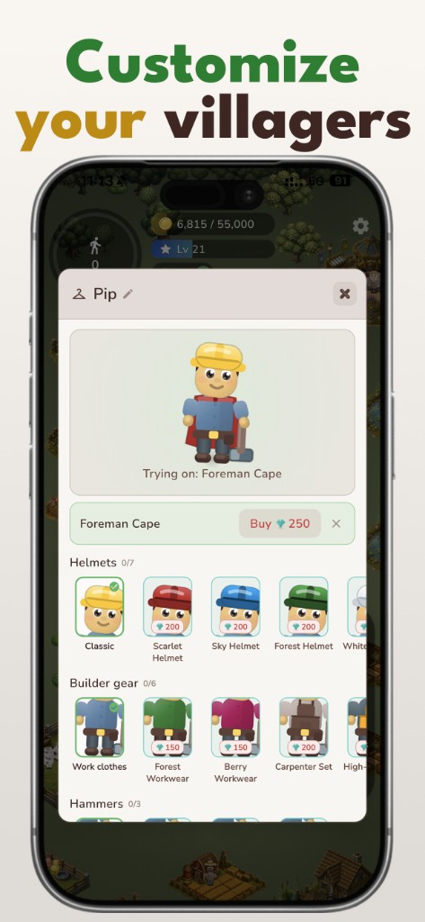 Villager customization: trying on helmets, builder gear and cosmetics for a villager named Pip