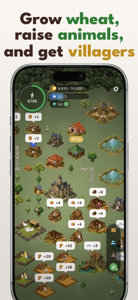 Gameplay: a grown village collecting wheat, fish and coins from farms, pens and houses